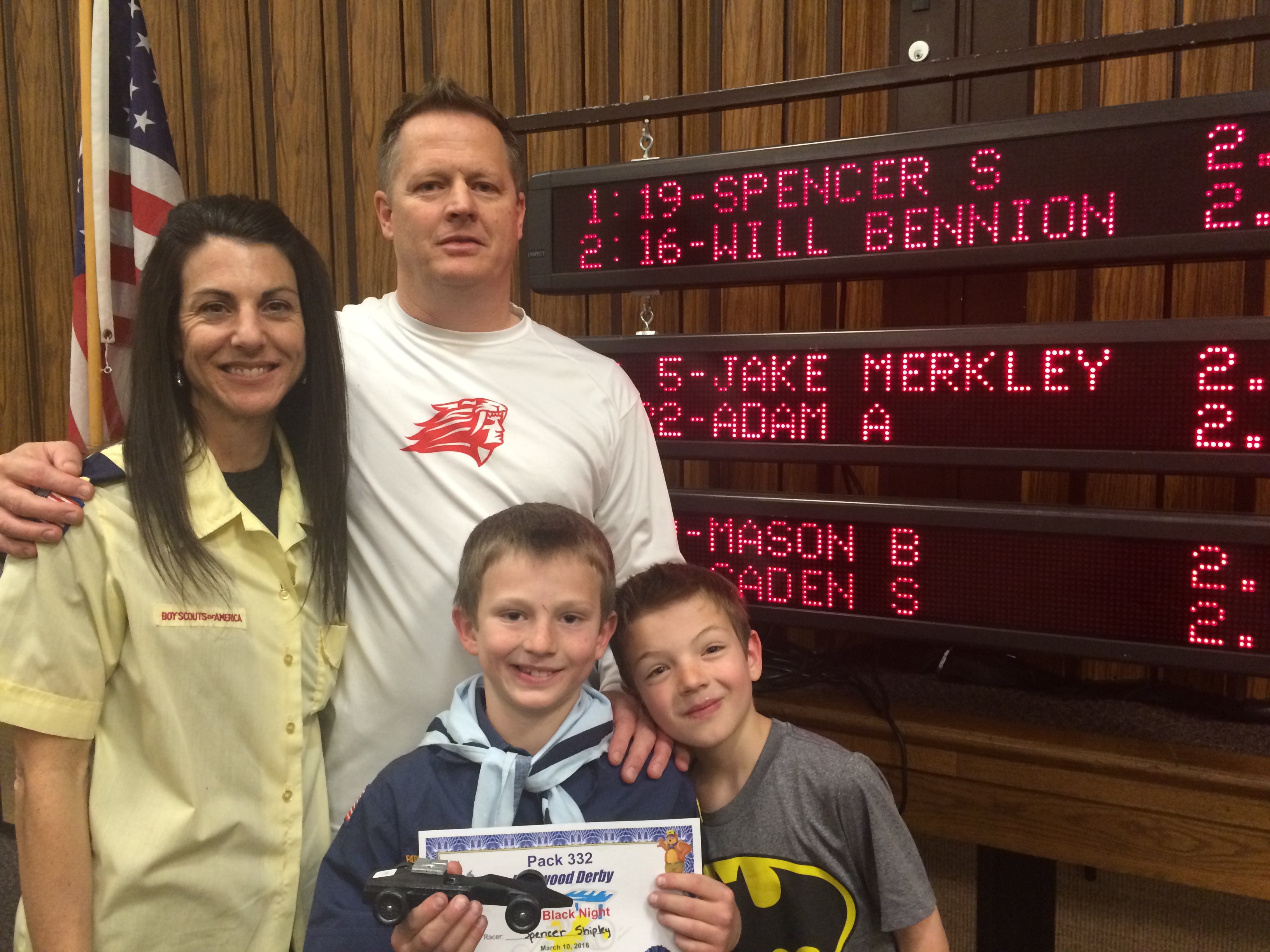 Spencer winning the Pinewood Derby 2016